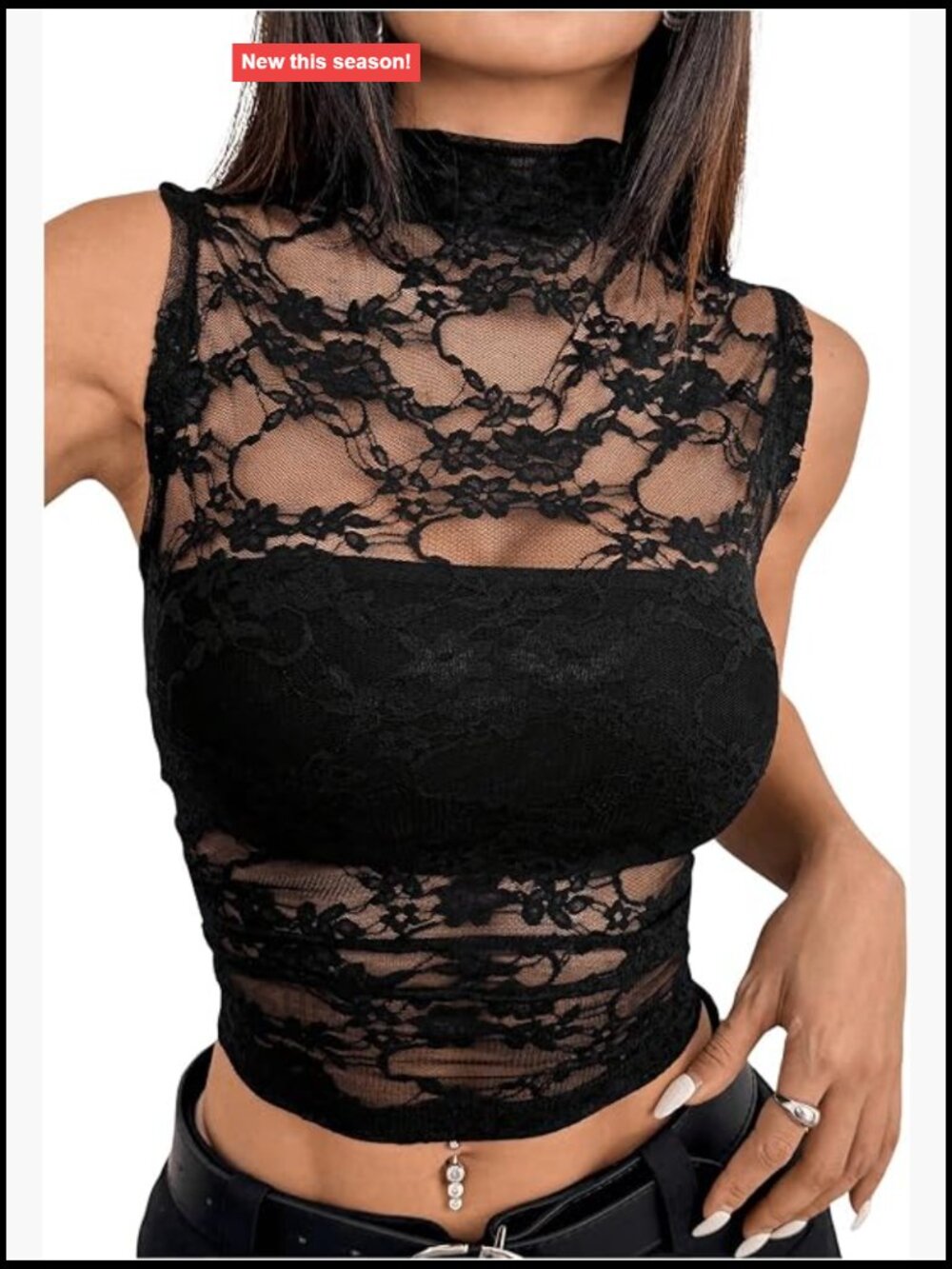 Women's Gothic Lace Rave Festival Tank Top Y2K Goth Mesh Sleeveless Mock Neck